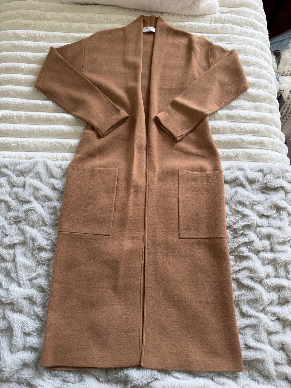 Babaton Camel Maxi Open-Front Knit Cardigan
